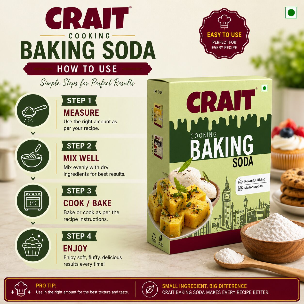 Crait Baking Soda | Multipurpose Cooking & Baking Ingredient for Soft Cakes, Cookies & Cleaning Use - Image 9