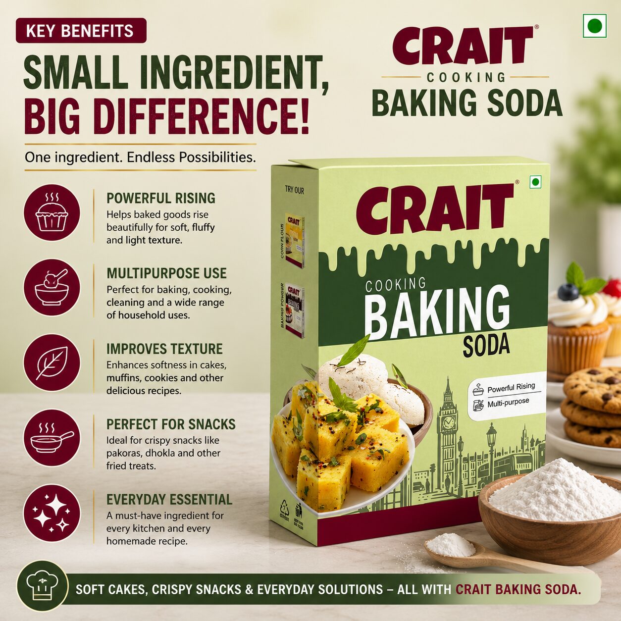 Crait Baking Soda | Multipurpose Cooking & Baking Ingredient for Soft Cakes, Cookies & Cleaning Use - Image 5