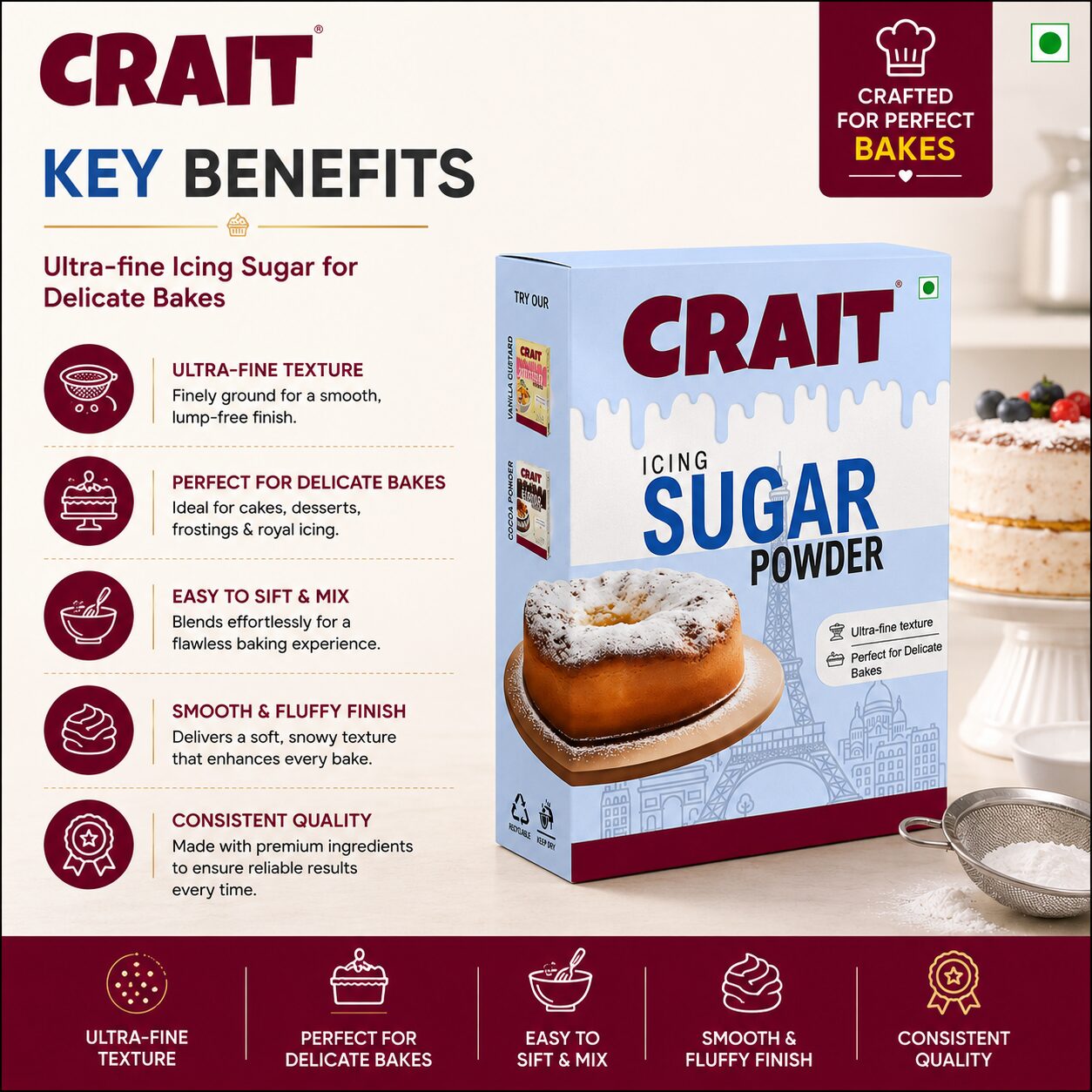 Crait Icing Sugar | Fine Powdered Sugar for Frosting, Baking, Cake Decoration & Desserts - Image 3
