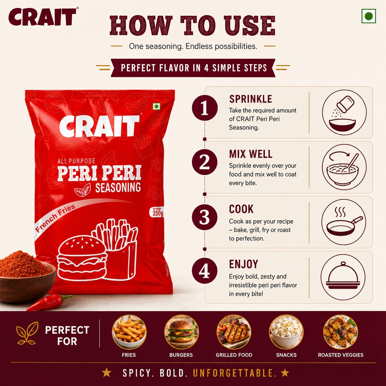 Crait Peri Peri Seasoning | Spicy & Tangy Masala for Fries, Pizza, Pasta & Snacks - Image 4
