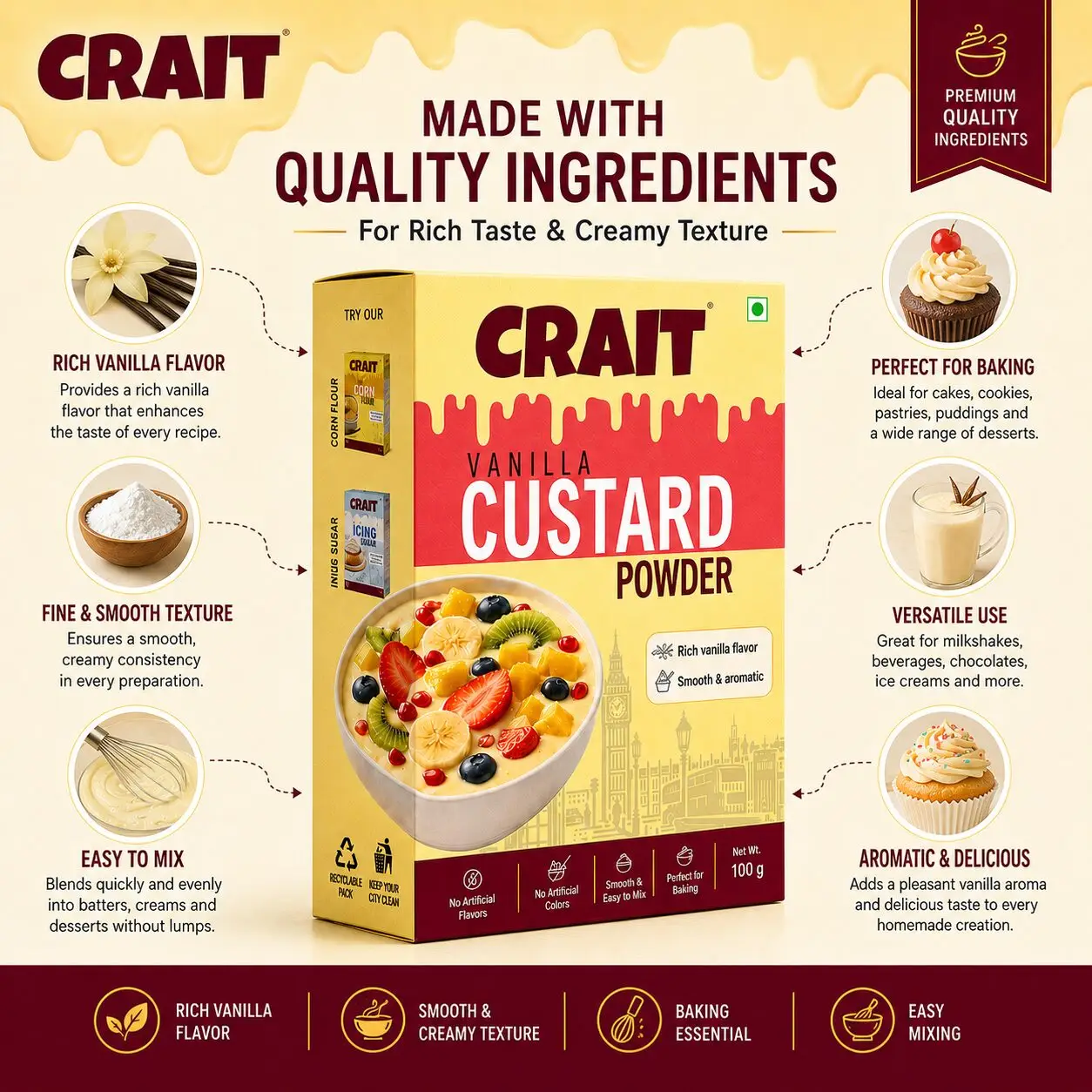 Crait Vanilla Custard Powder | Creamy Dessert Mix for Custard, Puddings & Sweet Recipes - Image 7