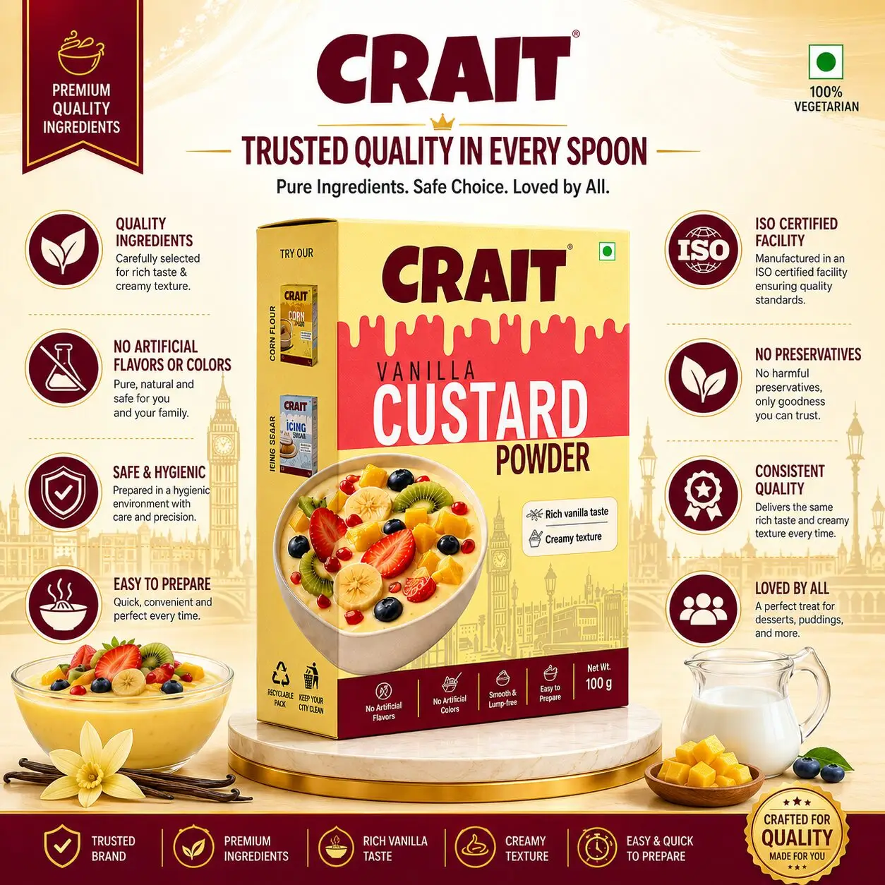 Crait Vanilla Custard Powder | Creamy Dessert Mix for Custard, Puddings & Sweet Recipes - Image 8