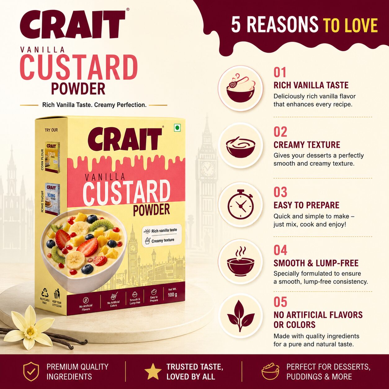 Crait Vanilla Custard Powder | Creamy Dessert Mix for Custard, Puddings & Sweet Recipes - Image 3
