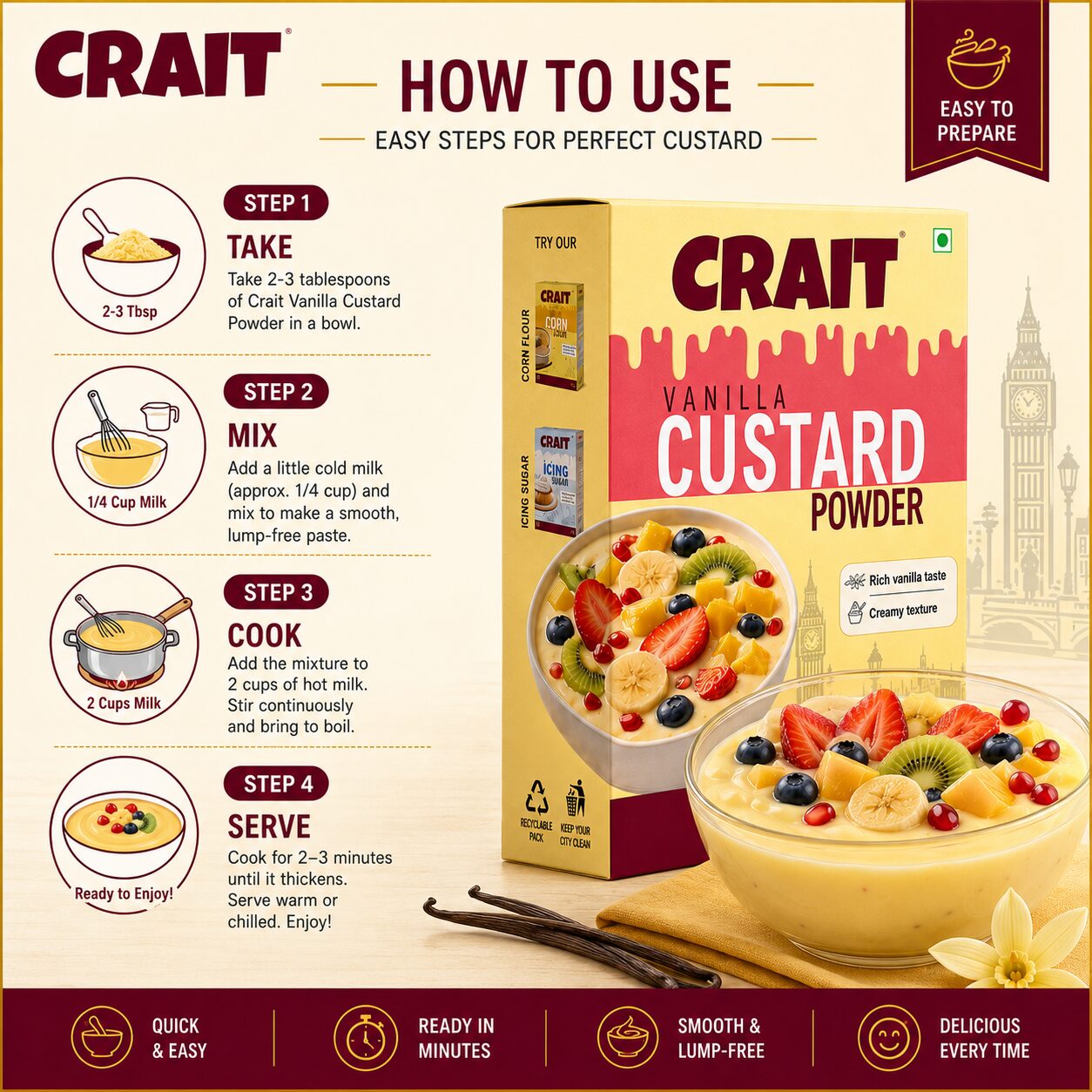 Crait Vanilla Custard Powder | Creamy Dessert Mix for Custard, Puddings & Sweet Recipes - Image 4