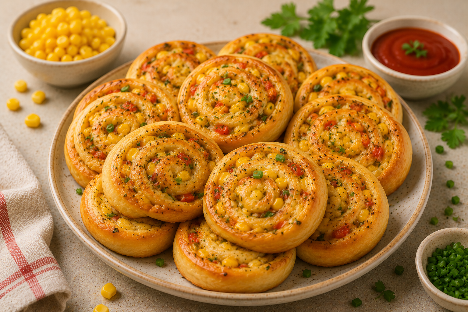 Eggless Cheese & Corn Pinwheel Rolls