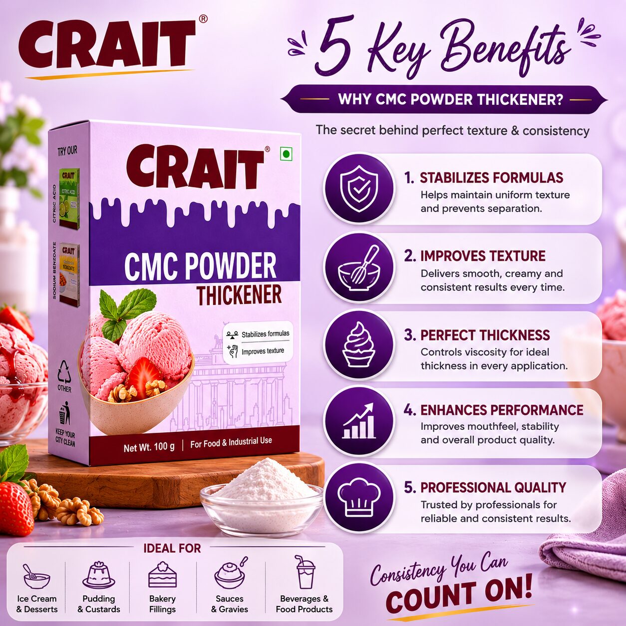 Crait CMC Powder | Food Stabilizer & Thickening Agent for Ice Cream, Bakery & Food Applications - Image 9