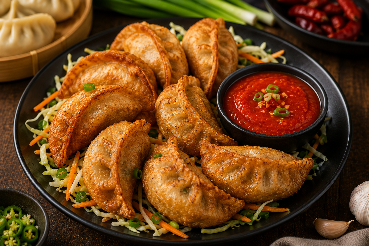 Crispy Vegetable Momos with Red Chutney